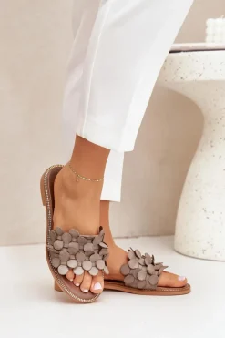 Clearance Zazoo 40381 Damskie Skórzane Klapki Na Płaskim Obcasie Taupe Beżowy