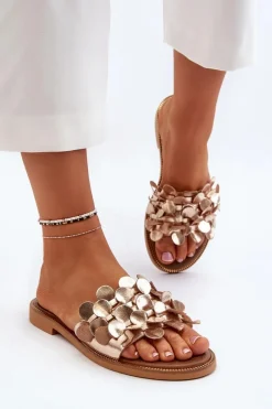 Klapki Damskie Klasyczne></noscript>Zazoo 40381 Damskie Skórzane Klapki Na Płaskim Obcasie Złote Złoty