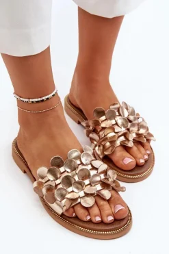 Klapki Damskie Klasyczne></noscript>Zazoo 40381 Damskie Skórzane Klapki Na Płaskim Obcasie Złote Złoty