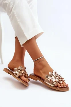 Klapki Damskie Klasyczne></noscript>Zazoo 40381 Damskie Skórzane Klapki Na Płaskim Obcasie Złote Złoty