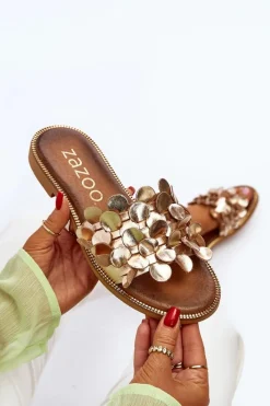 Klapki Damskie Klasyczne></noscript>Zazoo 40381 Damskie Skórzane Klapki Na Płaskim Obcasie Złote Złoty