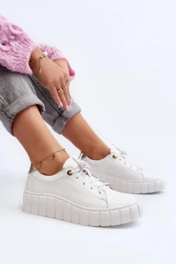 Best Zazoo 2919 Damskie Skórzane Półbuty Na Grubej Podeszwie Białe Biały