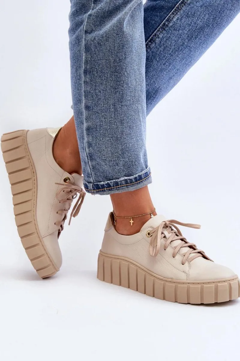 2919 Damskie Skórzane Półbuty Na Grubej Podeszwie Beżowe Damskie Półbuty Skórzane