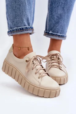 2919 Damskie Skórzane Półbuty Na Grubej Podeszwie Beżowe Damskie Półbuty Skórzane