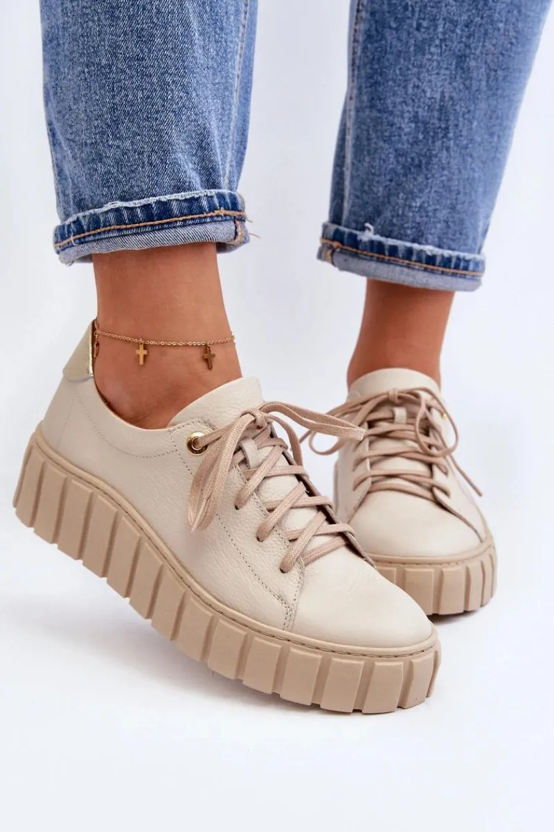 2919 Damskie Skórzane Półbuty Na Grubej Podeszwie Beżowe Damskie Półbuty Skórzane