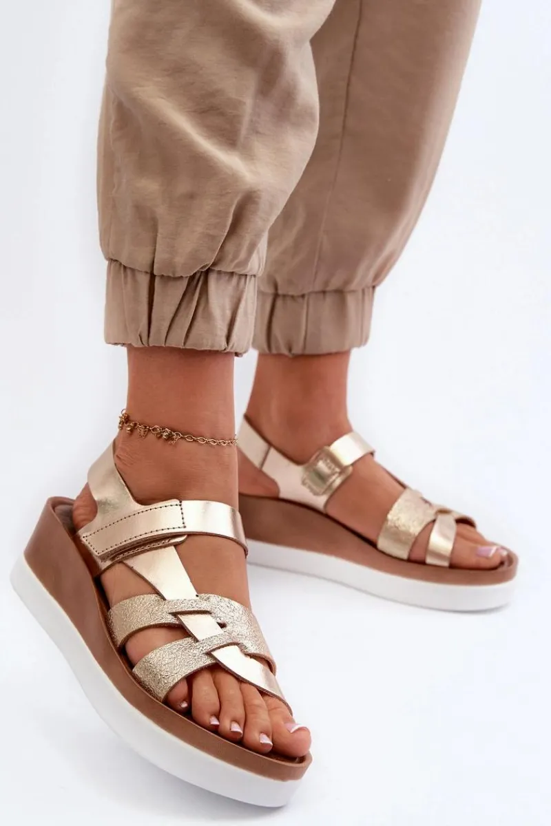 Sandały Na Koturnie|Sandały Płaskie>Zazoo 40397 Damskie Skórzane Sandały Na Platformie Złote Złoty