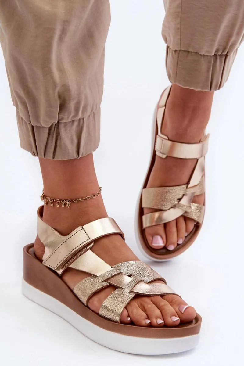 Sandały Na Koturnie|Sandały Płaskie>Zazoo 40397 Damskie Skórzane Sandały Na Platformie Złote Złoty