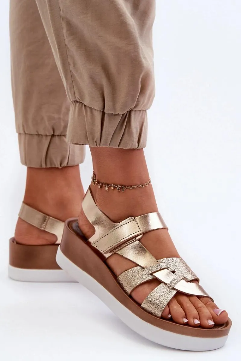 Sandały Na Koturnie|Sandały Płaskie>Zazoo 40397 Damskie Skórzane Sandały Na Platformie Złote Złoty