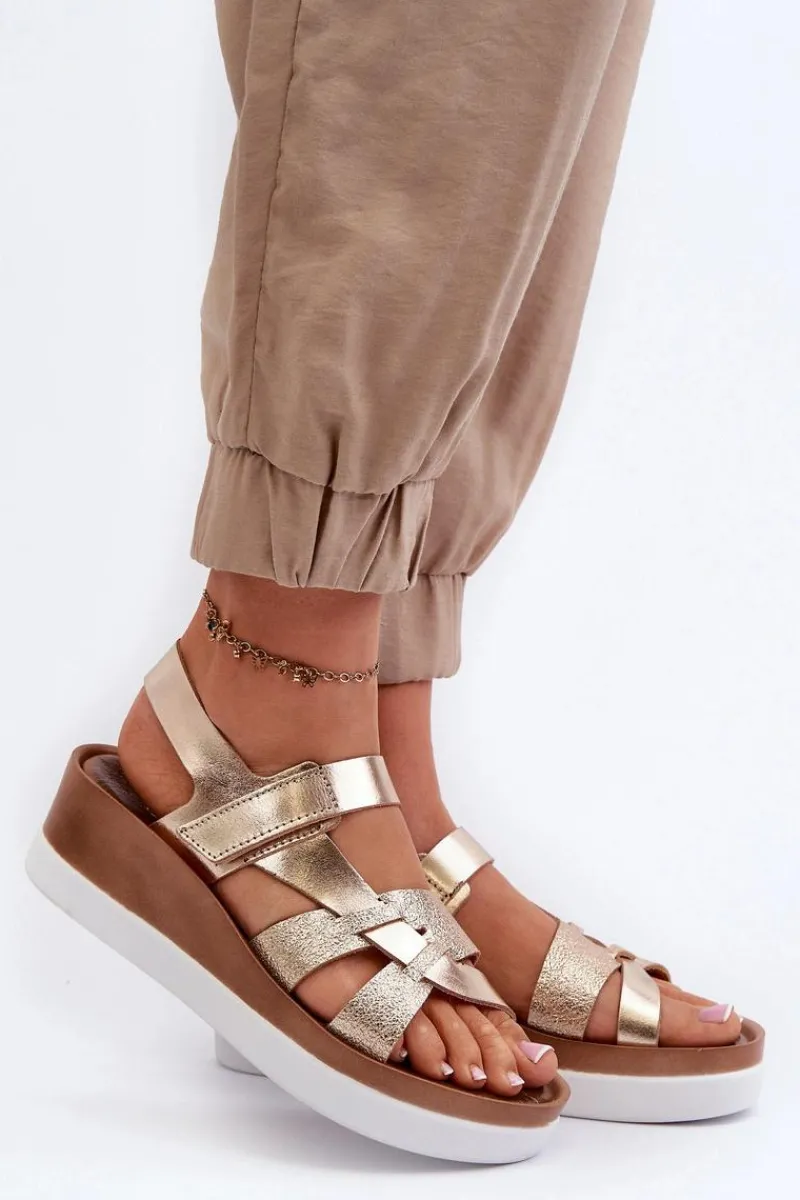 Sandały Na Koturnie|Sandały Płaskie>Zazoo 40397 Damskie Skórzane Sandały Na Platformie Złote Złoty