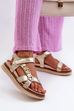 Sandały Płaskie>Maciejka Zazoo 50103 Damskie Skórzane Sandały Na Platformie Złote