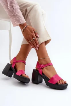Sandały Na Obcasie>Zazoo 40386 Damskie Skórzane Sandały Na Klocku Fuksja Różowy