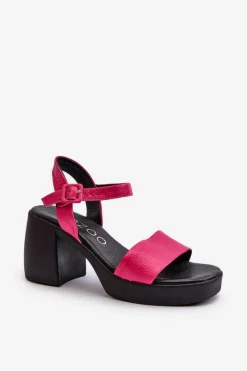 Sandały Na Obcasie></noscript>Zazoo 40386 Damskie Skórzane Sandały Na Klocku Fuksja Różowy