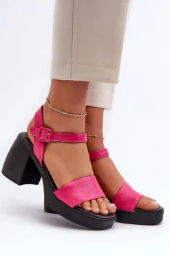 Sandały Na Obcasie></noscript>Zazoo 40386 Damskie Skórzane Sandały Na Klocku Fuksja Różowy