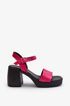 Sandały Na Obcasie></noscript>Zazoo 40386 Damskie Skórzane Sandały Na Klocku Fuksja Różowy