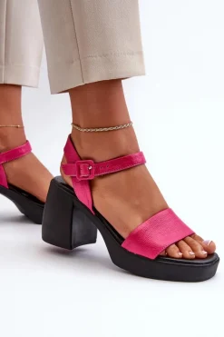Sandały Na Obcasie></noscript>Zazoo 40386 Damskie Skórzane Sandały Na Klocku Fuksja Różowy