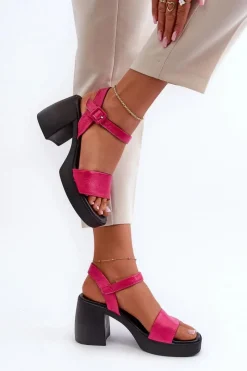 Sandały Na Obcasie></noscript>Zazoo 40386 Damskie Skórzane Sandały Na Klocku Fuksja Różowy