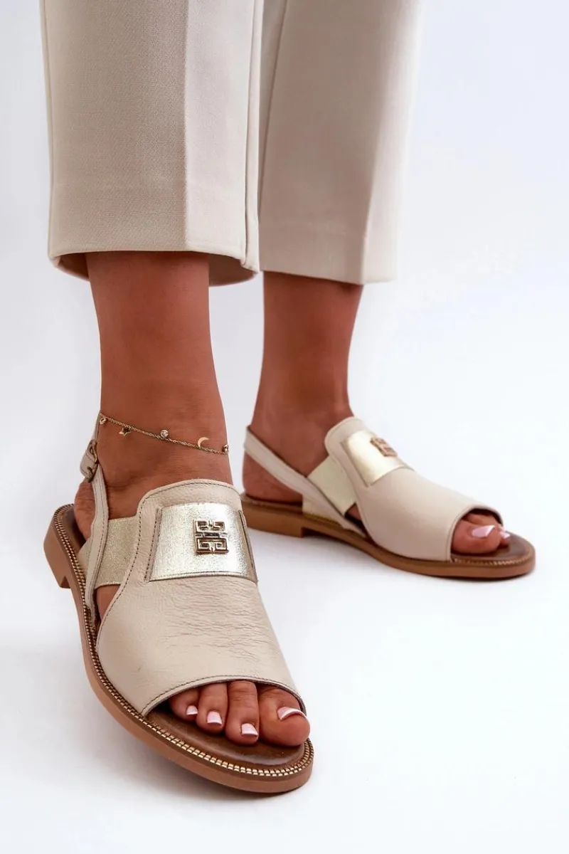 Clearance 40385 Damskie Skórzane Sandały Beżowe Damskie Sandały Płaskie