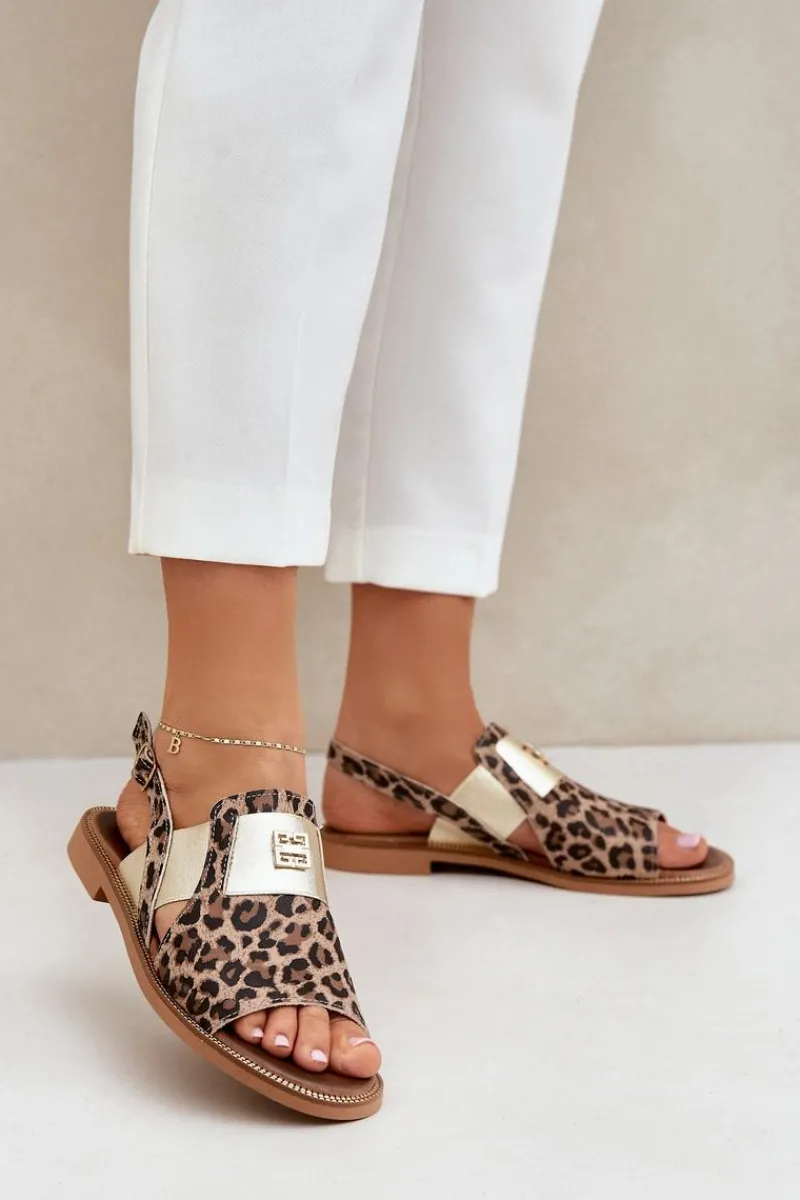 Clearance 40385 Damskie Skórzane Sandały W Panterkę Brązowe Damskie Sandały Z Cholewką|Sandały Płaskie