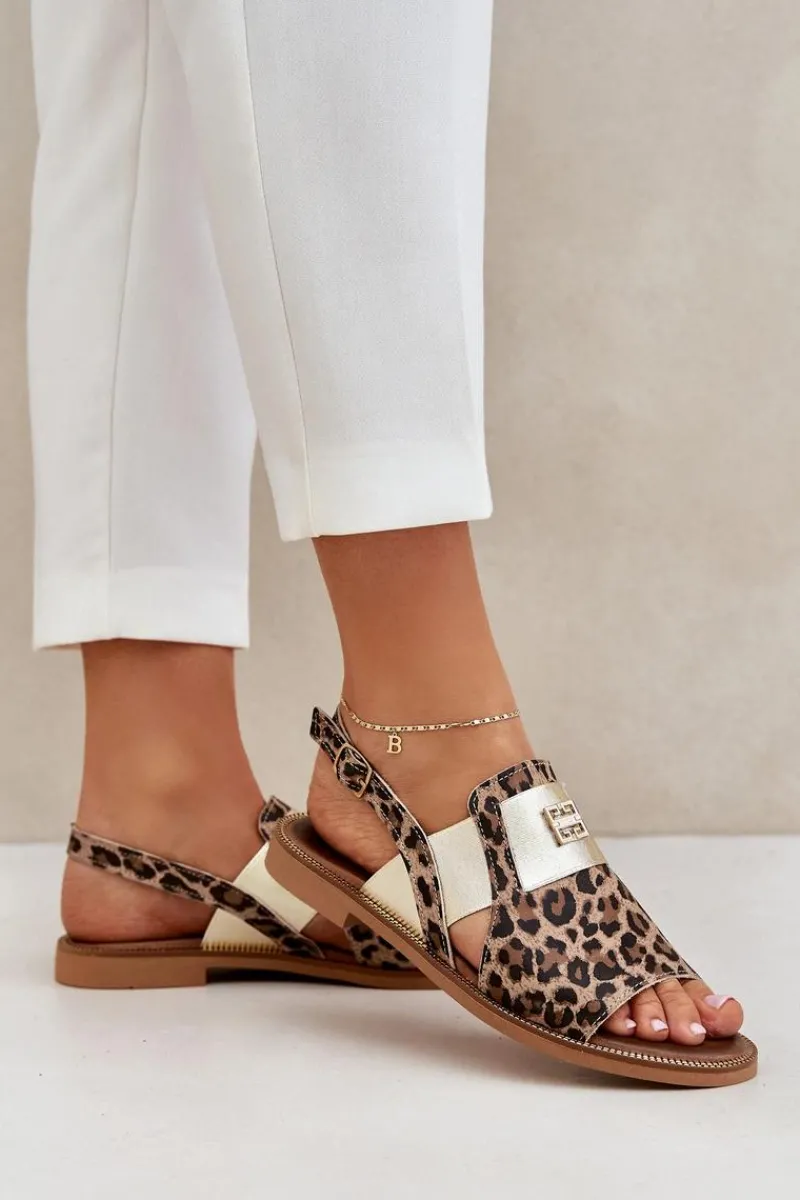 Clearance 40385 Damskie Skórzane Sandały W Panterkę Brązowe Damskie Sandały Z Cholewką|Sandały Płaskie