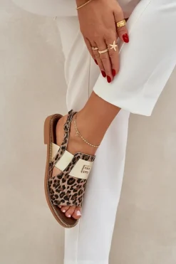 Clearance 40385 Damskie Skórzane Sandały W Panterkę Brązowe Damskie Sandały Z Cholewką|Sandały Płaskie