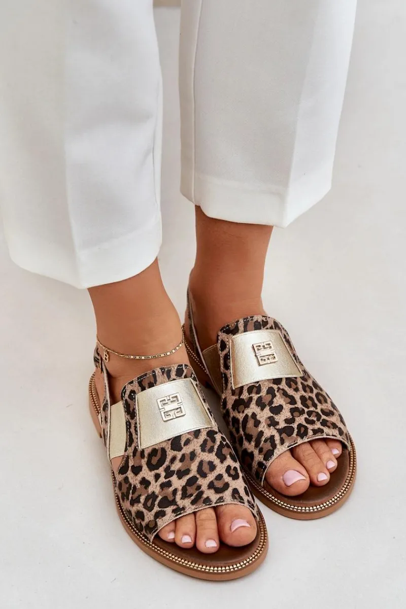 Clearance 40385 Damskie Skórzane Sandały W Panterkę Brązowe Damskie Sandały Z Cholewką|Sandały Płaskie