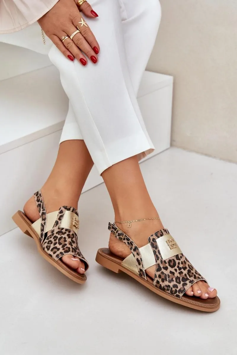 Clearance 40385 Damskie Skórzane Sandały W Panterkę Brązowe Damskie Sandały Z Cholewką|Sandały Płaskie