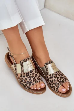 Clearance 40385 Damskie Skórzane Sandały W Panterkę Brązowe Damskie Sandały Z Cholewką|Sandały Płaskie