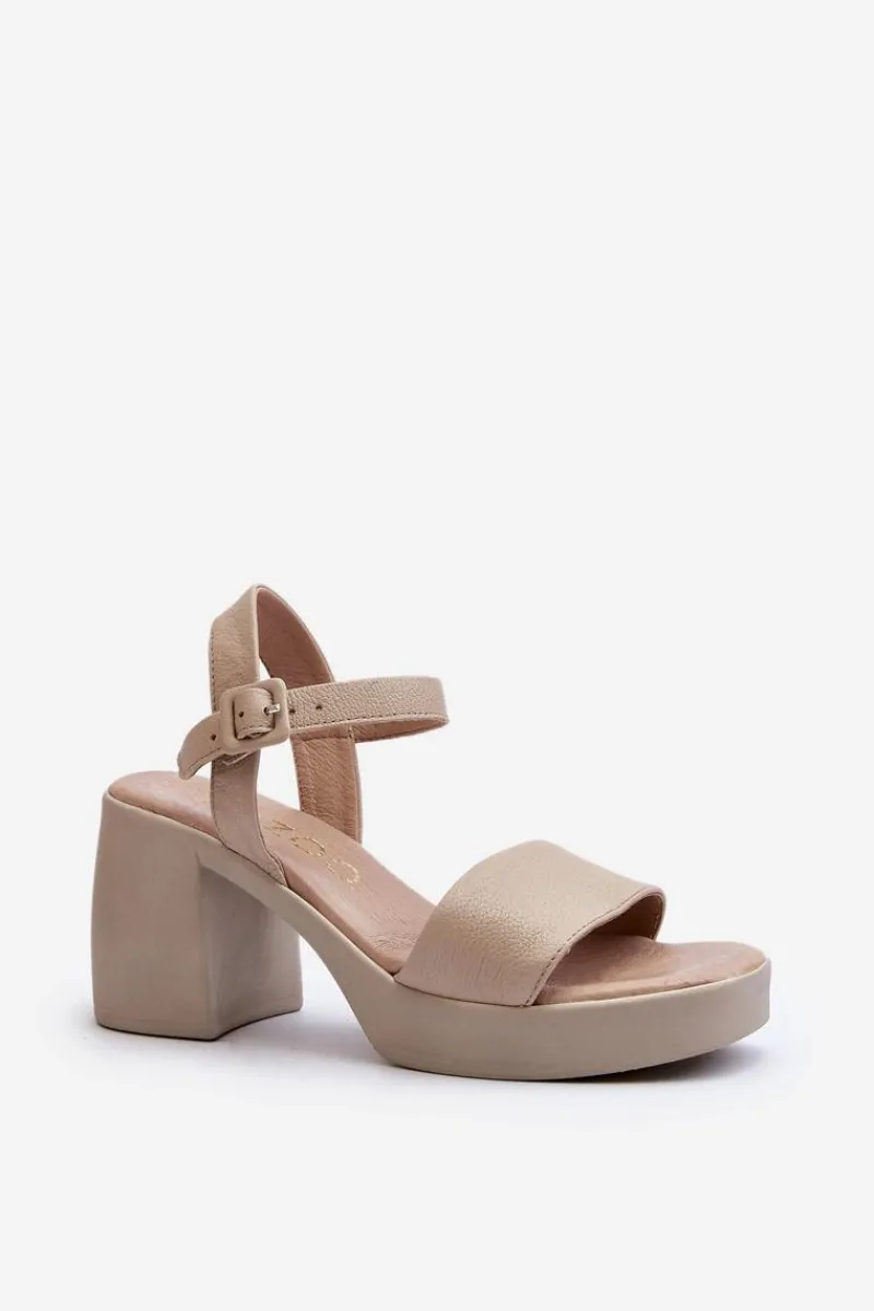 Outlet Zazoo 40386 Damskie Skórzane Sandały Na Klocku Beżowe Beżowy