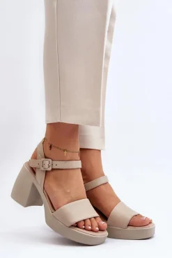 Outlet Zazoo 40386 Damskie Skórzane Sandały Na Klocku Beżowe Beżowy