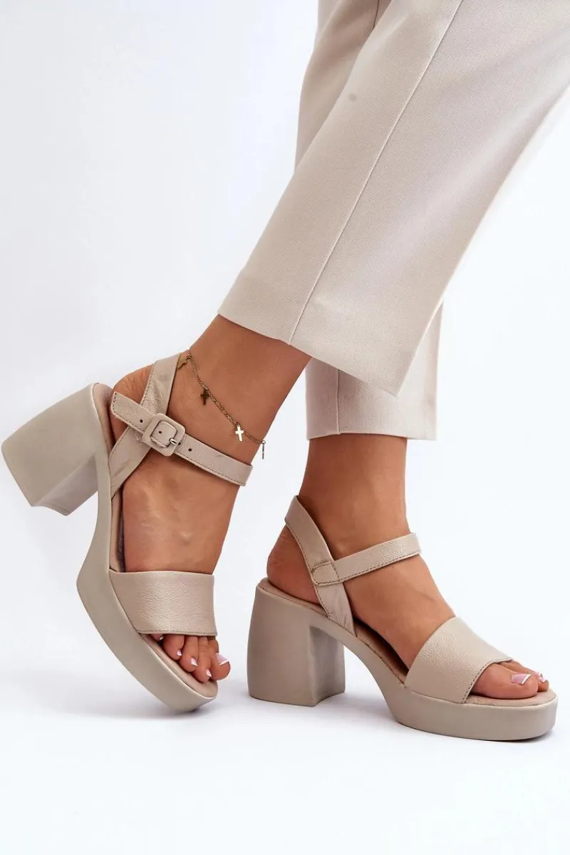 Outlet Zazoo 40386 Damskie Skórzane Sandały Na Klocku Beżowe Beżowy