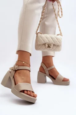 Outlet Zazoo 40386 Damskie Skórzane Sandały Na Klocku Beżowe Beżowy