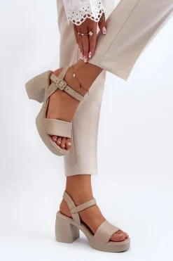 Outlet Zazoo 40386 Damskie Skórzane Sandały Na Klocku Beżowe Beżowy