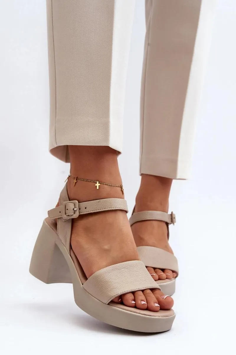 Outlet Zazoo 40386 Damskie Skórzane Sandały Na Klocku Beżowe Beżowy