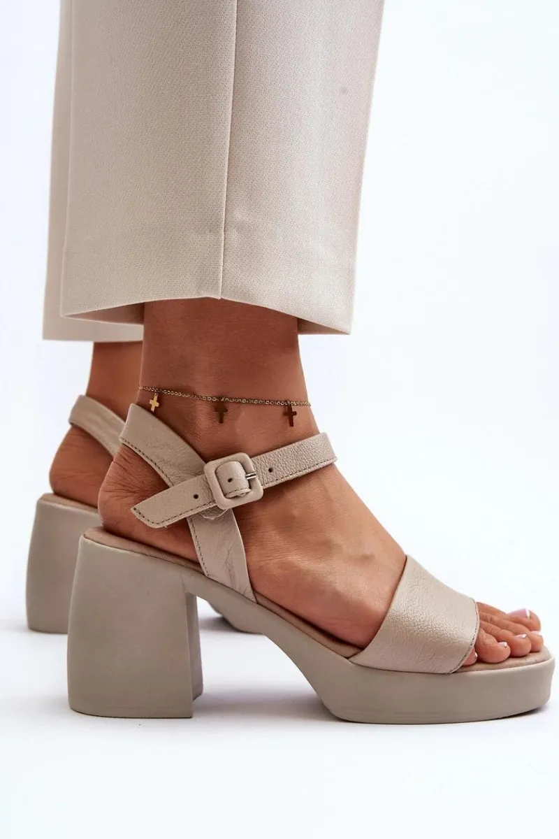 Outlet Zazoo 40386 Damskie Skórzane Sandały Na Klocku Beżowe Beżowy