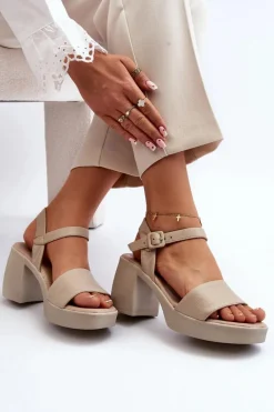 Outlet Zazoo 40386 Damskie Skórzane Sandały Na Klocku Beżowe Beżowy