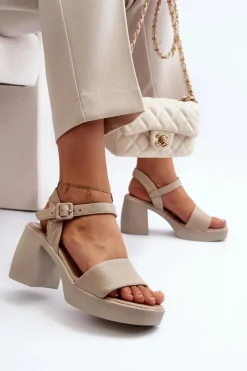 Outlet Zazoo 40386 Damskie Skórzane Sandały Na Klocku Beżowe Beżowy