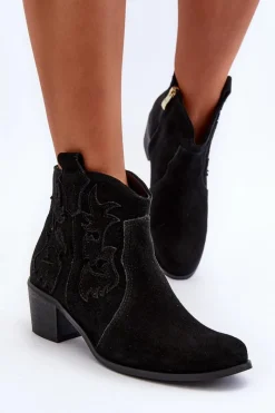 Outlet Zazoo 3426 Damskie Zamszowe Botki Kowbojki Czarne Czarny