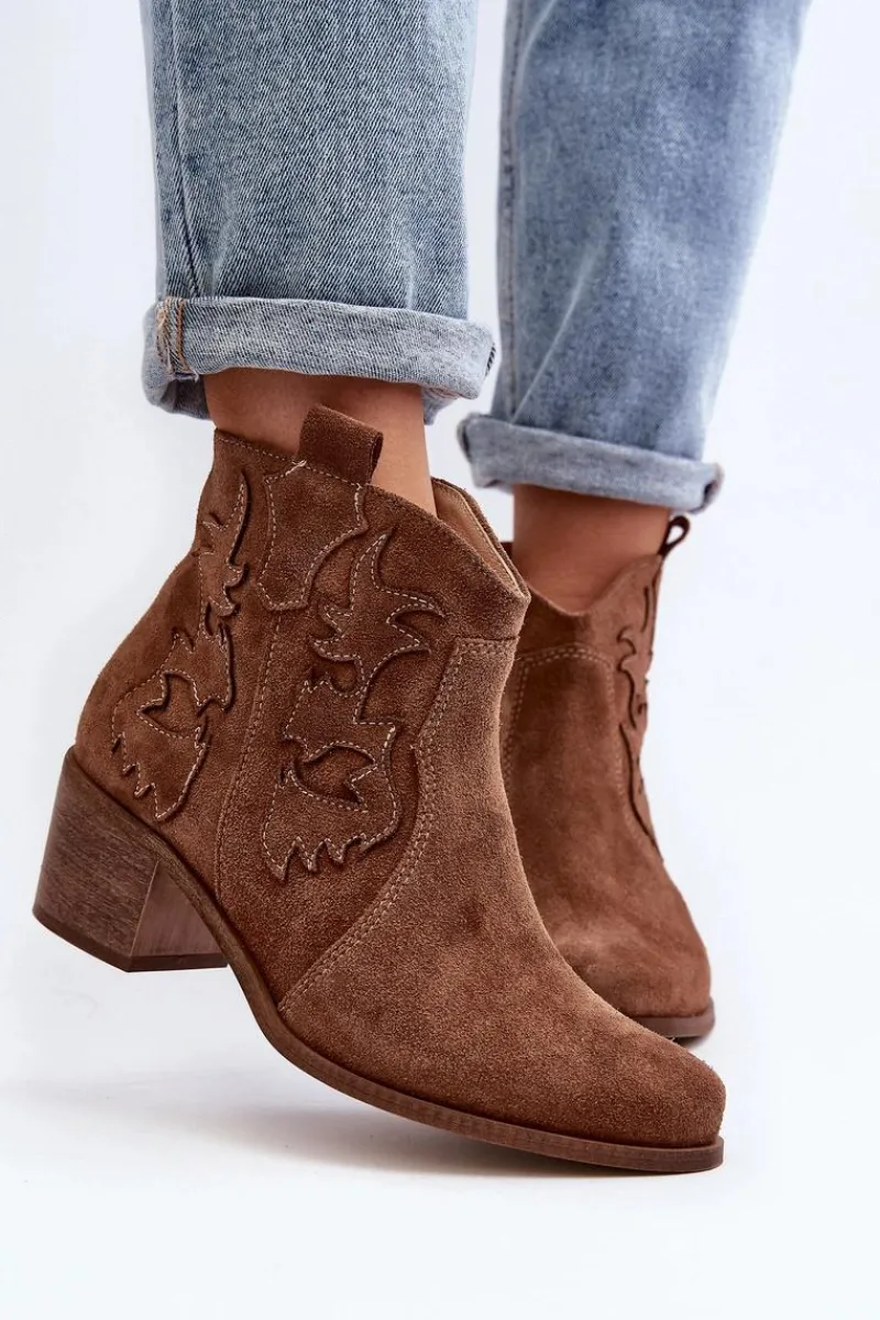 Best Zazoo 3426 Damskie Zamszowe Botki Kowbojki Brązowe