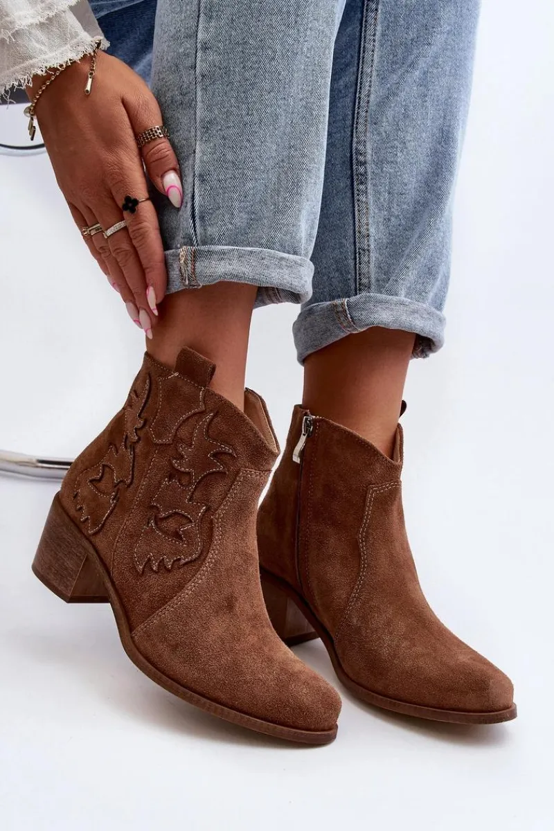 Best Zazoo 3426 Damskie Zamszowe Botki Kowbojki Brązowe