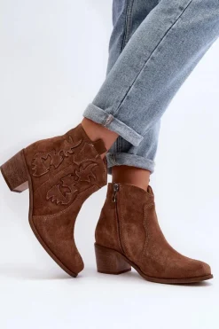 Best Zazoo 3426 Damskie Zamszowe Botki Kowbojki Brązowe