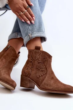 Best Zazoo 3426 Damskie Zamszowe Botki Kowbojki Brązowe