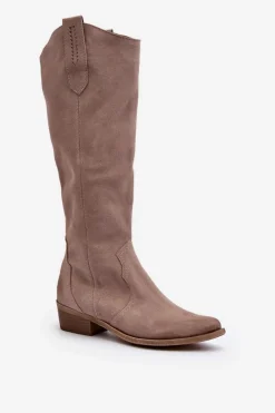 Discount 3427 Damskie Zamszowe Kozaki Kowbojki Cappuccino Damskie Kozaki Wiosenne|Kozaki Przed Kolano