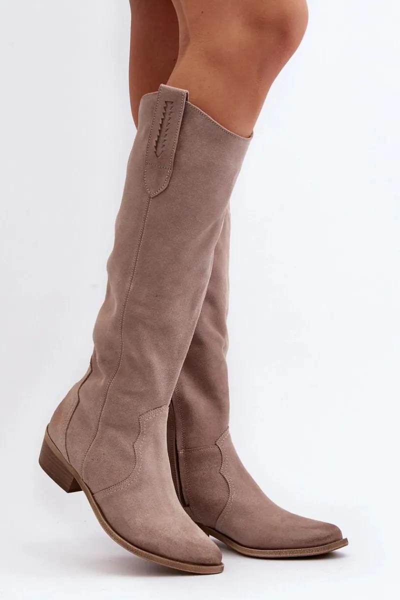 Discount 3427 Damskie Zamszowe Kozaki Kowbojki Cappuccino Damskie Kozaki Wiosenne|Kozaki Przed Kolano