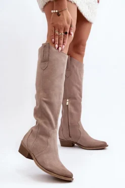 Discount 3427 Damskie Zamszowe Kozaki Kowbojki Cappuccino Damskie Kozaki Wiosenne|Kozaki Przed Kolano