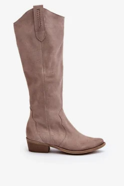 Discount 3427 Damskie Zamszowe Kozaki Kowbojki Cappuccino Damskie Kozaki Wiosenne|Kozaki Przed Kolano