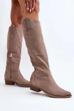 Discount 3427 Damskie Zamszowe Kozaki Kowbojki Cappuccino Damskie Kozaki Wiosenne|Kozaki Przed Kolano