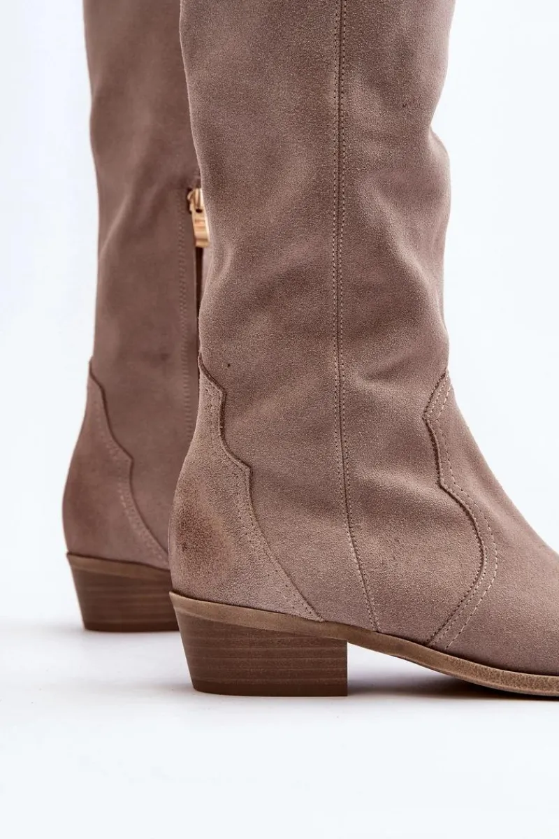 Discount 3427 Damskie Zamszowe Kozaki Kowbojki Cappuccino Damskie Kozaki Wiosenne|Kozaki Przed Kolano