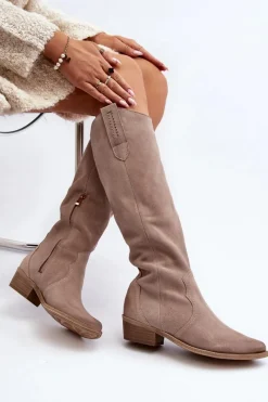 Discount 3427 Damskie Zamszowe Kozaki Kowbojki Cappuccino Damskie Kozaki Wiosenne|Kozaki Przed Kolano