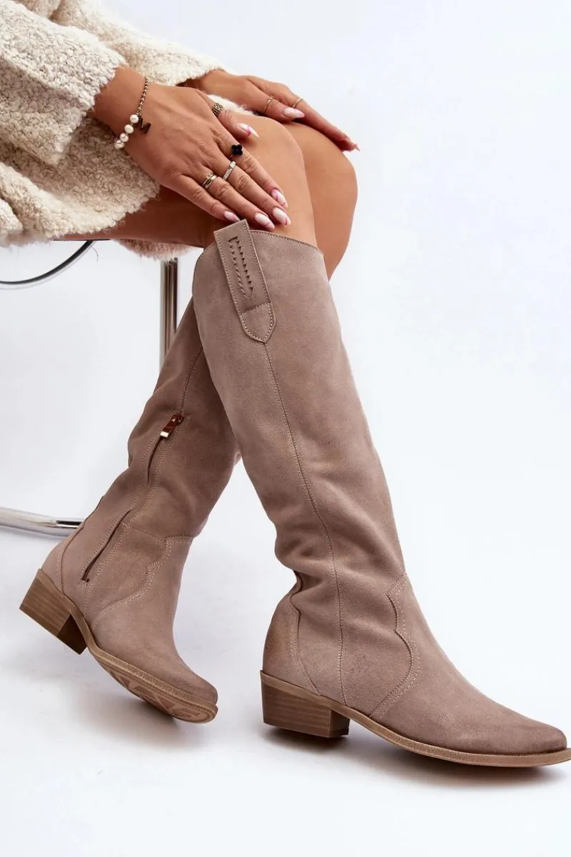 Discount 3427 Damskie Zamszowe Kozaki Kowbojki Cappuccino Damskie Kozaki Wiosenne|Kozaki Przed Kolano