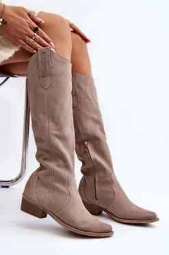 Discount 3427 Damskie Zamszowe Kozaki Kowbojki Cappuccino Damskie Kozaki Wiosenne|Kozaki Przed Kolano